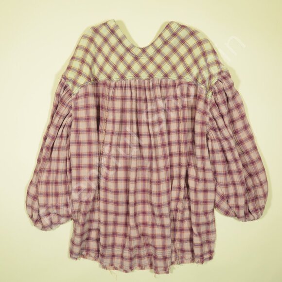 Free People Blouse Womens S Cream Oversized Solstice Plaid Top - Picture 5 of 9